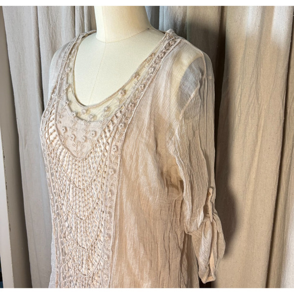 Ambra Tops - Y2K 100% Silk Embroidered Crochet Layer Tunic Cream Boho Italian Made Medium